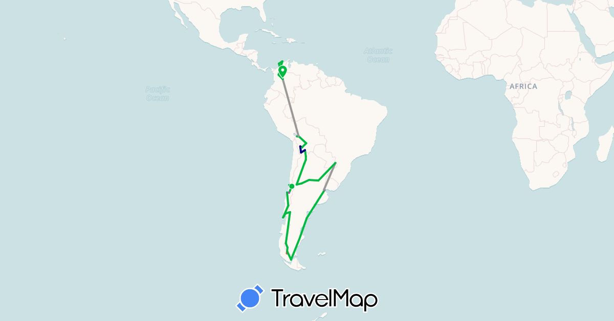 TravelMap itinerary: driving, bus, plane, train, hiking in Argentina, Bolivia, Chile, Colombia (South America)